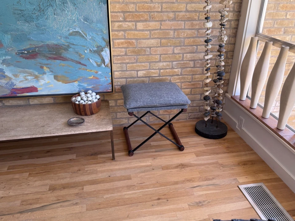 Cleo Baldon Madera de Nogal Hierro Forjado X Base Taburete Silla Banco Terra De Colección Mcm Inca Foto 3 de 4