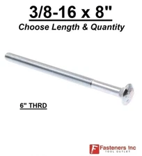3/8-16 x 8" Carriage Bolts A307 Grade 2 Zinc Plated "Coach Screws" 3/8"-16
