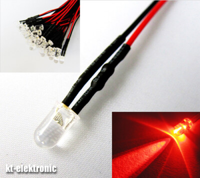 10 Stück 5mm LED rot mit 20cm Kabel für 12V DC mit Widerstand fertig verkabelt