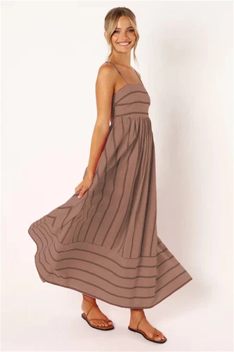 Women's Casual Basic Spaghetti Strap Maxi Dress Sleeveless Summer Strips Dresses - Picture 20 of 31
