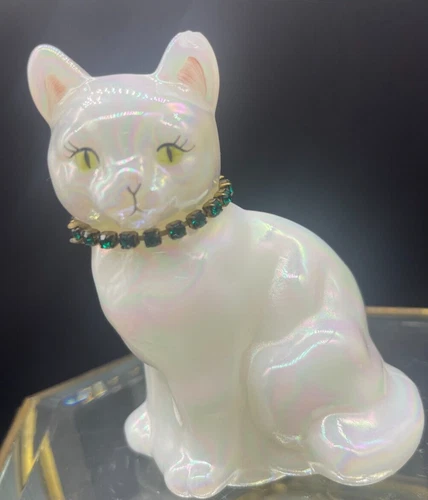 Vintage White Iridescent, Glass, Fenton Bear w/ emerald-color necklace