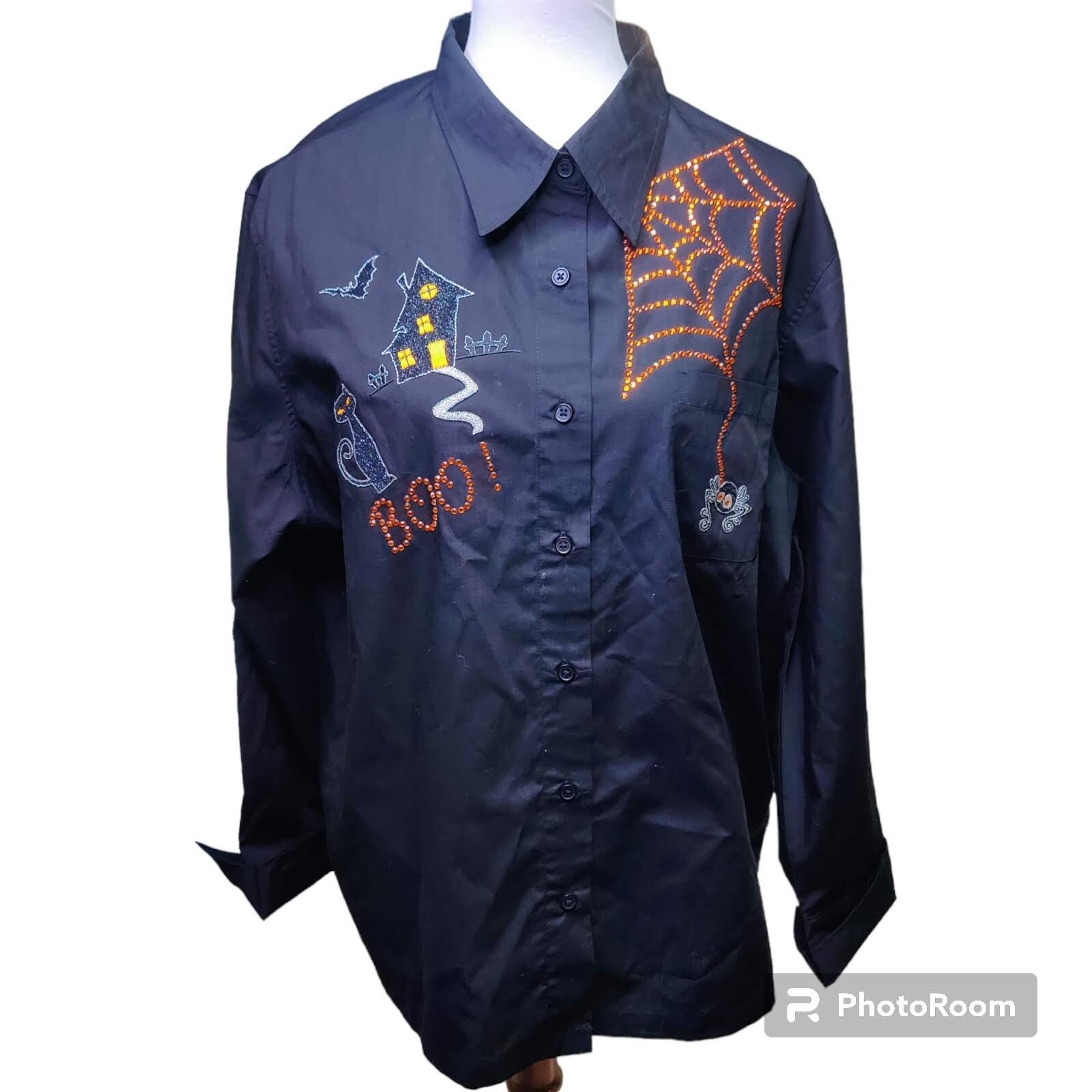 Tia Designs Womens Embellished Halloween Button Up Sh… Gem