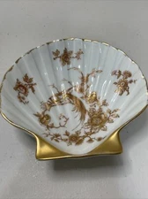 Limoges Vintage Porcelain Dish Shell Gold Flower Pheasant Bird Gold Trim 