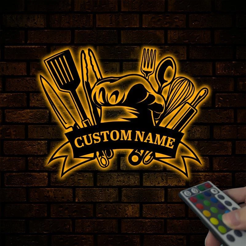 Herramientas de chef personalizadas arte de pared de metal con luces LED, herramientas de cocina letreros Foto 4 de 4