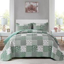 Green Boho Queen Quilt Set, 3-Piece Reversible Soft Plaid Floral Bedding Set wit