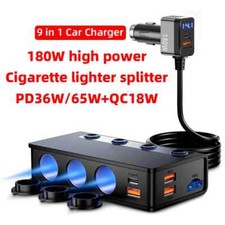 180W 3 Sockets Car Cigarette Lighter Splitter PD QC3.0 Fast Charging Adapter 12V