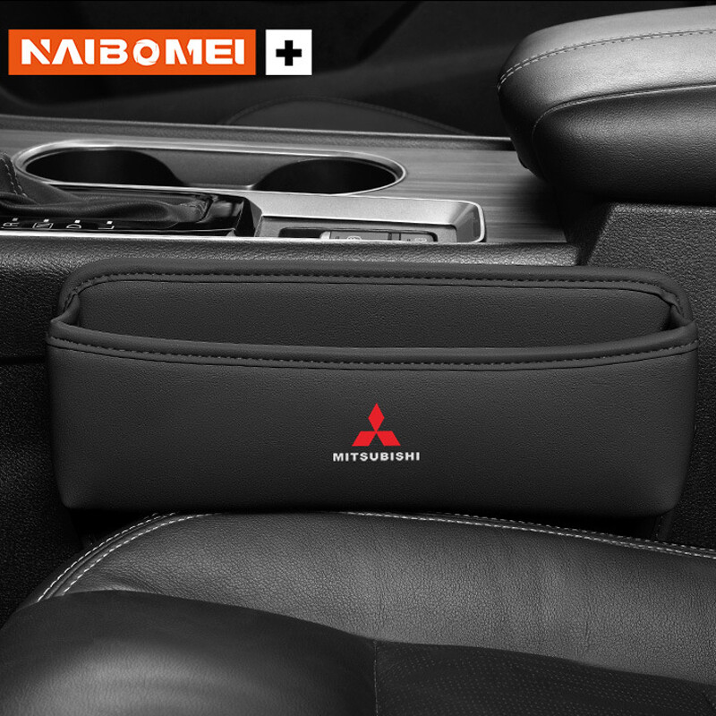 Car Seat Gap Filler Storage Box Organizer for Mitsubishi Black PU Leather