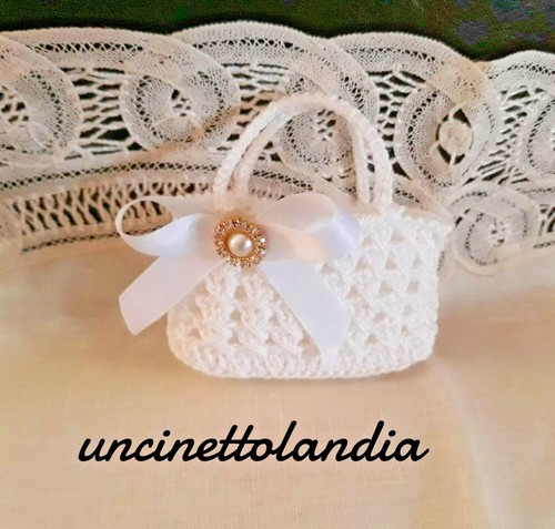 Bomboniera mini borsetta portaconfetti bianca uncinetto a  mano,nozze,decorazione | eBay