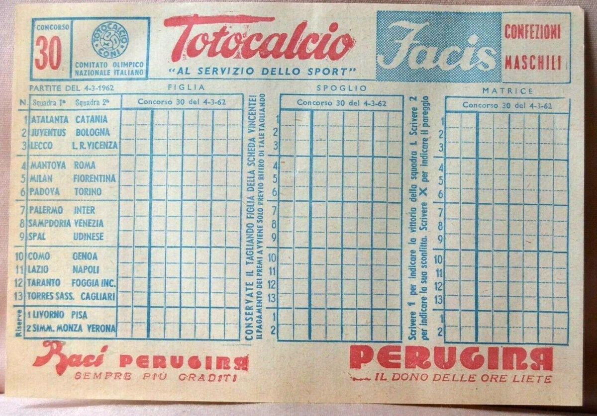 Schedina TOTOCALCIO n. 7 del 28-10-1950 - Pubblicità PERUGINA - RECOARO