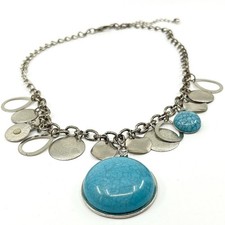 VTG Boho Silver Tone Turquoise Faux Stone Charm Necklace Retro Statement Piece
