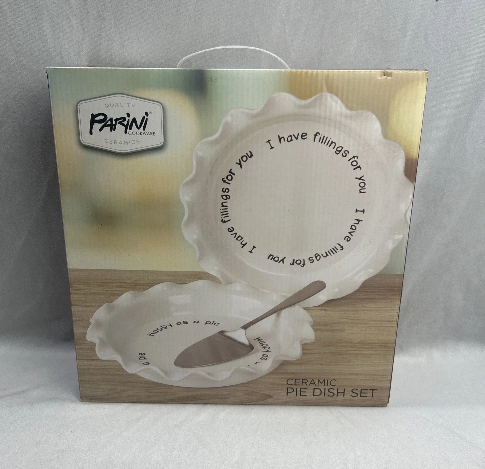 Parini Cookware Happy as a Pie 2-Piece Ceramic Bakeware Set White Pie Dish New