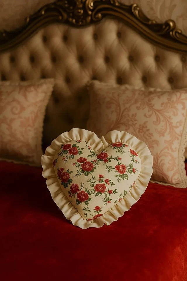 Heart Shaped Pillow 35cm | Floral Cushion with Ruffles | Vintage Romantic Décor - Image 2 of 2
