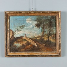 Paesaggio con Ponte Dipinto Antico Olio su Tela Scuola Nord Italia XVIII Secolo