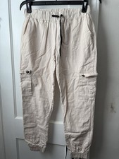 Men's Beige Cotton Jogger Pants Size L, Pockets, Elastic Waist, Tapered Leg