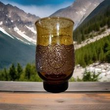 Libbey Americana Tumber Amber Embosed Floral/Scroll Band 1970s Vtg