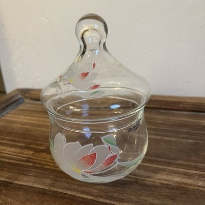 PASABAHCE Clear Glass Vanity Jar Apothecary Jar Pink Floral 4 x5.75  Turkey VGC
