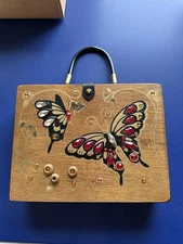 VTG Boho  1960s Enid Collins Style Purse Adorned w Painted & Jeweled Butterflies