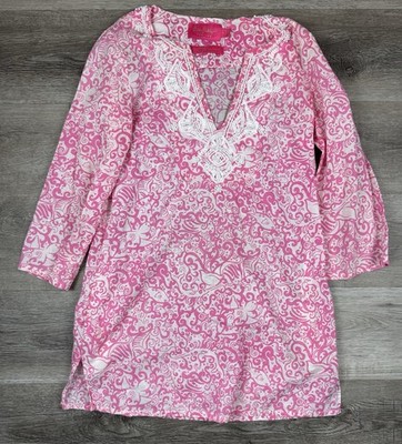 Lilly Pulitzer Juliana Tunic Dress Size XS Pink White Beaded Chasing Tail