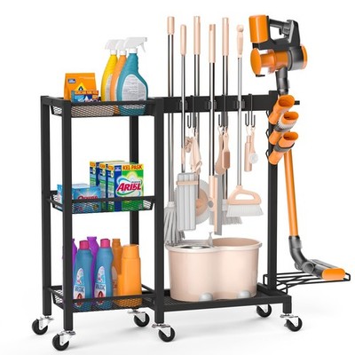 Broom Holder with Cleaning Supplies Organizer Load 350 LBS Cleaning Cart with...