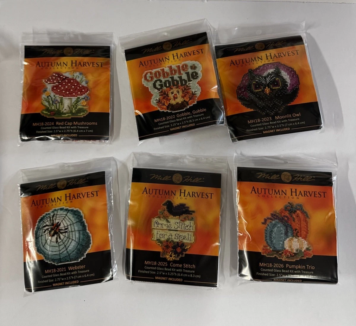 Mill Hill Autumn Harvest 2020- 6 Beaded Cross Stitch Magnets-Halloween/fall
