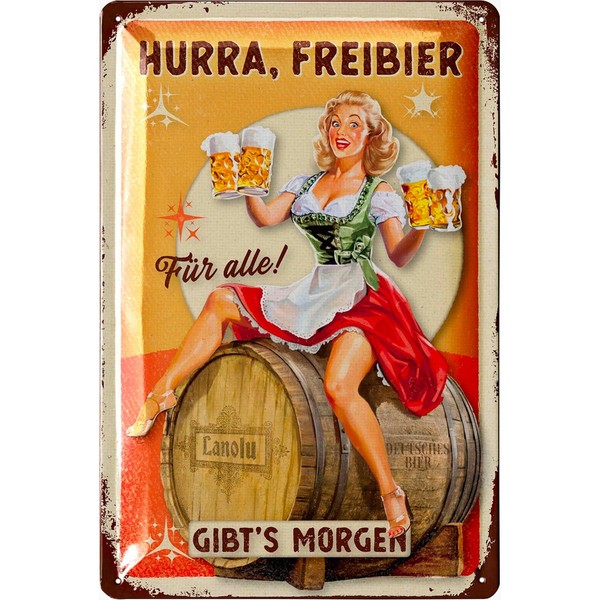 Lanolu Blechschild Hurra Freibier Humor Kneipe Party Retro - 20X30Cm-image