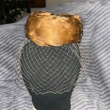 Vintage Miss Sally Victor NY Feather Fascinator Hat Cap Netting Veil Brown