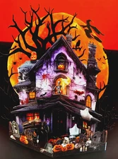 3D Halloween Pop-Up Box Greeting Card, Env & Seal Haunted House w Lots of Spooks