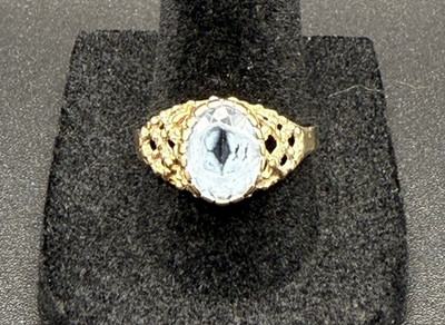 Vintage 10K Gold Blue Topaz Filigree Ring Size 7.75 Ornate Design