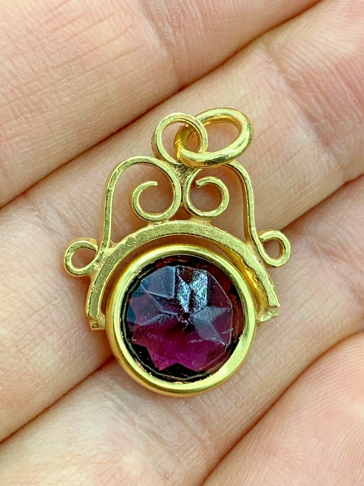 Gold Plated Watch Chain Pendant Swivel Spinner Fob Faceted Amethyst Glass c.1920 - Image 2 of 4