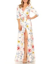 Ivory White Floral Print Faux Wrap Belted Boho Maxi Dress Sundress S