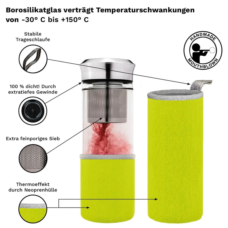 Creano "Teamaker" -Teeflasche to go aus Glas mit Sieb, Tasche (grün) - Bild 3 von 4