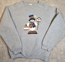 VTG Wilson Sweatshirt Folk Art Snowman Cotton Polyester Blend Pullover Gray Sz M