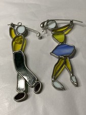 Vintage stained glass handmade Sun Catcher Golf Girl Boy 2pc Retro 6  yellow