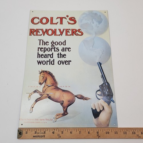 Colt's Revolvers Embossed Tin Sign Handgun Firearms Mustang Hartford CT Made USA - Picture 9 of 10