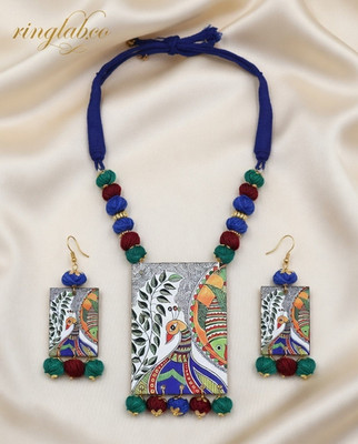 Hand Painted Peacock Necklace Set - Traditional Indian Madhubani Art Jewelry Set