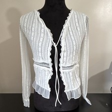 Women's White Sheer Lace Tie-Front Ruffle Trim V-Neck Long Sleeve Top 2