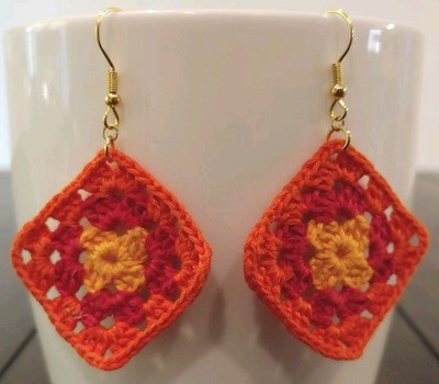 Handmade Granny Square Crochet Earrings Orange Boho Chic Hippie NEW