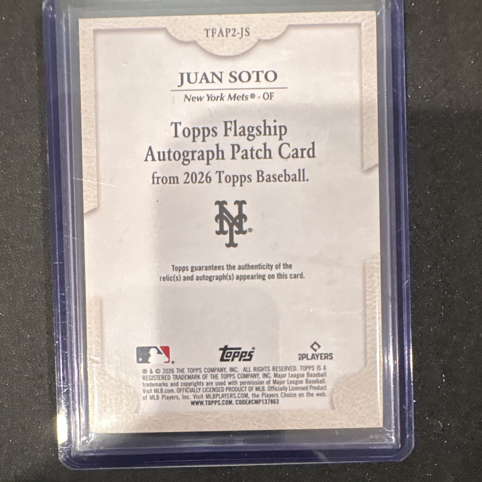 Topps 2026 Topps Baseball Juan Soto Flagship Auto Patch #TFAP2-JS 38/50 Mets view 3