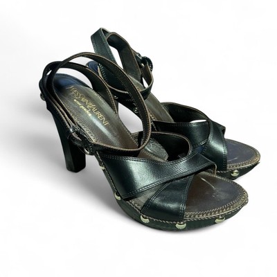 YVES SAINT LAURENT BLACK LEATHER STUDDED WOOD HEEL SANDALS EU 38 US 7.5