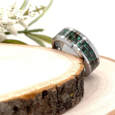 9mm Silver Tungsten Christmas Gift Band For Him Green Carbon Fiber Inlay Ring