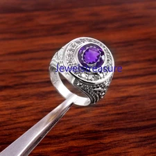 Natural Amethyst & CZ Gemstones with 925 Sterling Silver Ring for Men's #8590