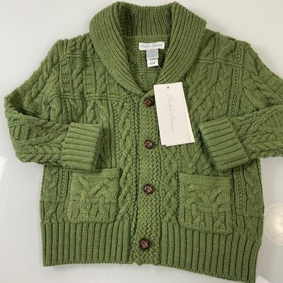 Ralph Lauren Baby Boy 18M Green Aran Cable Knit Shawl Collar Cardigan Sweater
