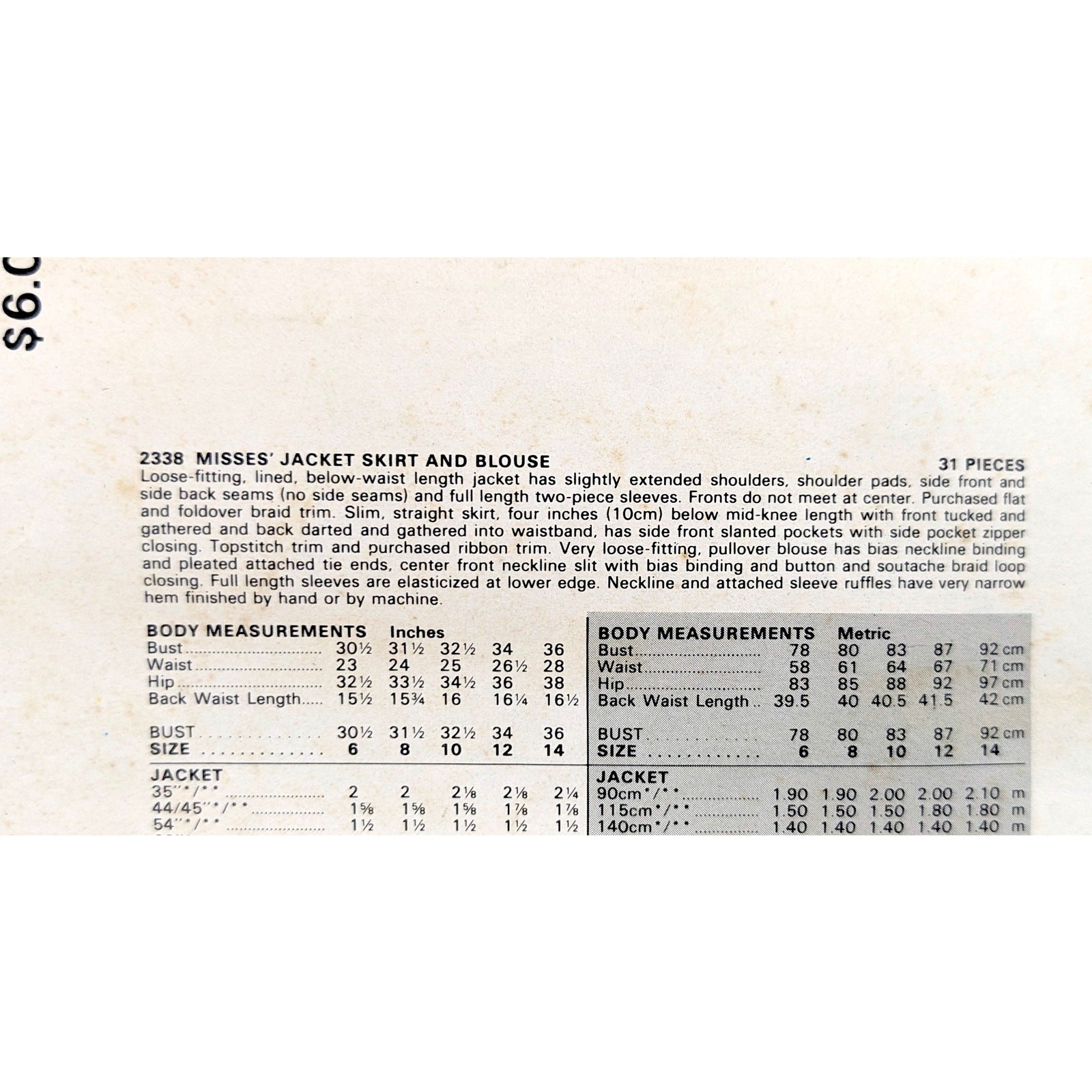 SAINT LAURENT Giacca donna anni 80 YSL gonna blusa arricciata modello cucito taglia UC 10 Vogue 2338