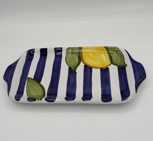 Capri Italian Pottery Lemons Blue Stripes Small Tray 9.5" x 6" Signed Mike
