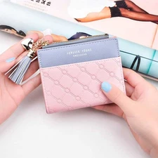Women Leather Small Wallet Credit Card ID Holder Zipper Coin Purse with Tassels