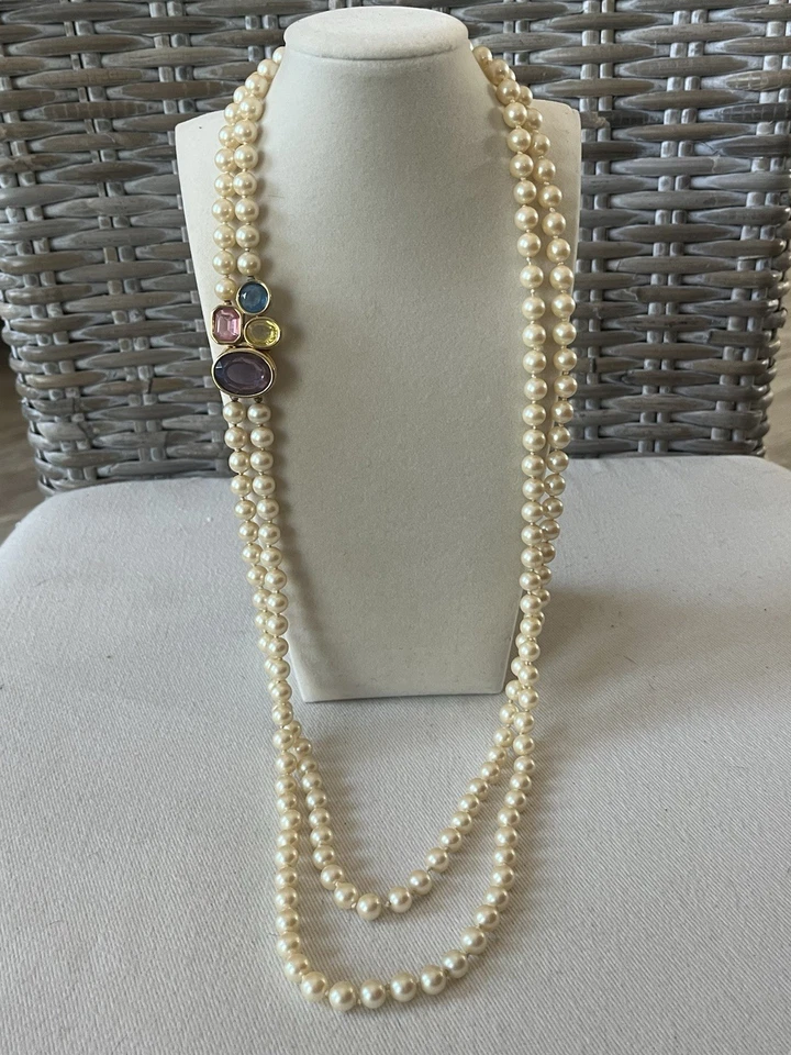 Collar Givenchy Vintage Imitación Perla y Gema Doble Hilo Años 80