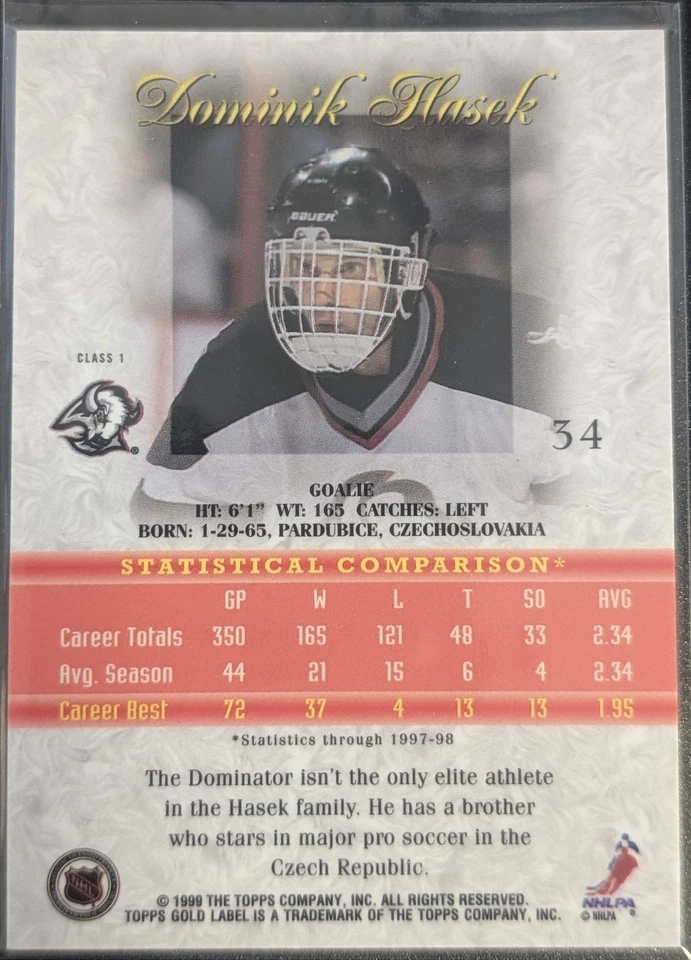 1998-99 Topps Gold Label variante negra #34 Dominik Hasek Sables ¡Como nuevo! Foto 2 de 2