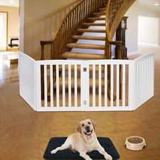 Foldable Pet Dog Gate Fence 4 Wood Panels with Protector Feet MDF White Indoor