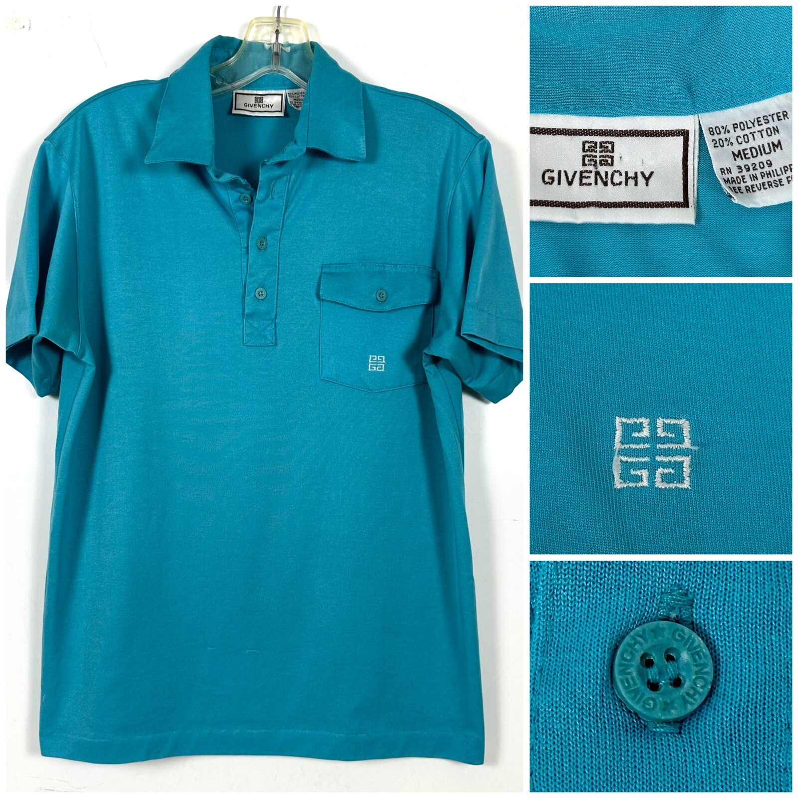 Vintage Givenchy Polo Shirt Adult Size Medium Short Sleeve Shirt Turquoise