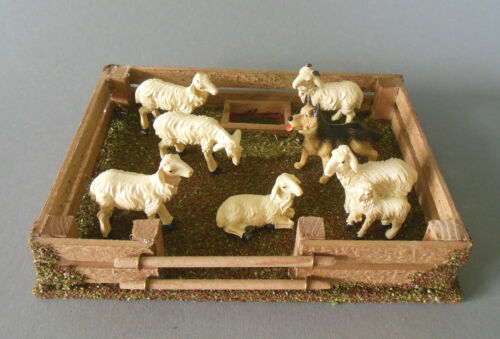 Pferch Gatter mit 6 Schafe + Hund für Figuren Größe 11 - 12 cm HS N Krippe Set - Bild 1 von 11